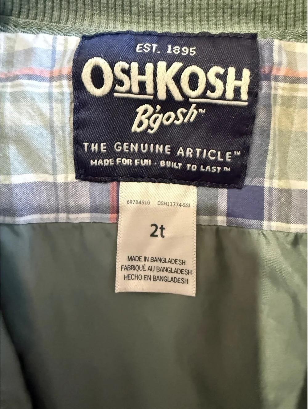 OshKosh B’gosh Toddler Boys 2T Green Bomber Jacket Utility Pockets Full Zip